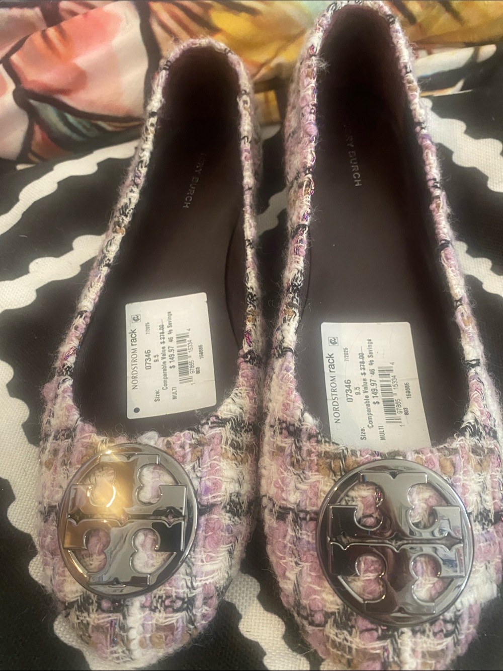 Tory Burch Pink Tweed Logo Round-Toe Ballet Flats